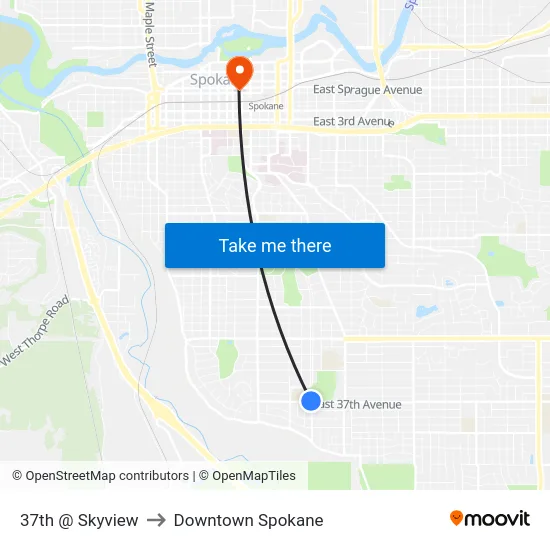 37th @ Skyview to Downtown Spokane map