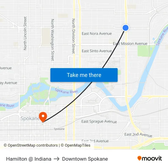Hamilton @ Indiana to Downtown Spokane map