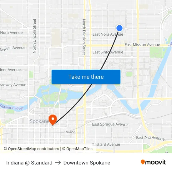 Indiana @ Standard to Downtown Spokane map