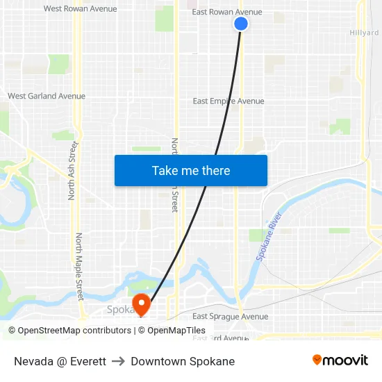 Nevada @ Everett to Downtown Spokane map