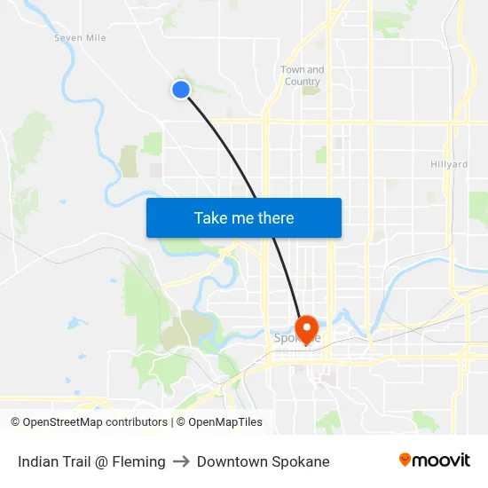 Indian Trail @ Fleming to Downtown Spokane map