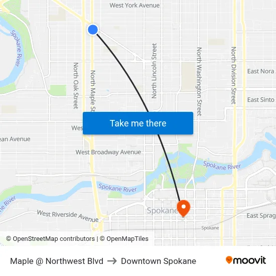 Maple @ Northwest Blvd to Downtown Spokane map