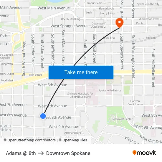 Adams @ 8th to Downtown Spokane map