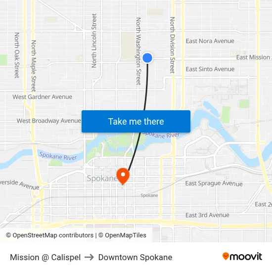 Mission @ Calispel to Downtown Spokane map