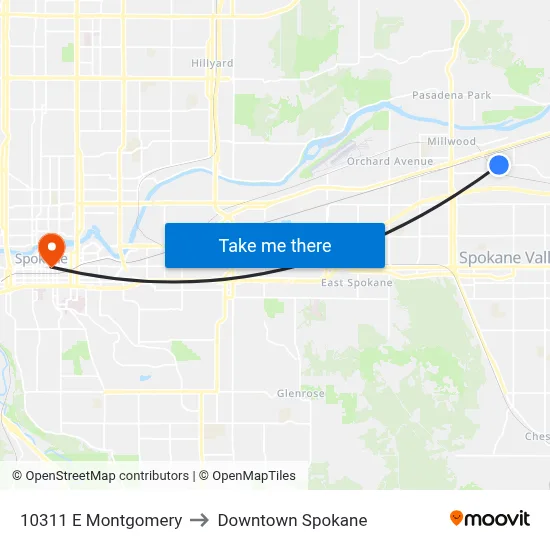 10311 E Montgomery to Downtown Spokane map