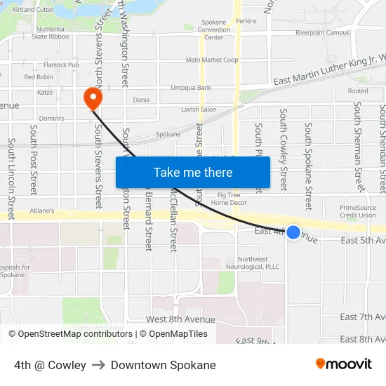 4th @ Cowley to Downtown Spokane map