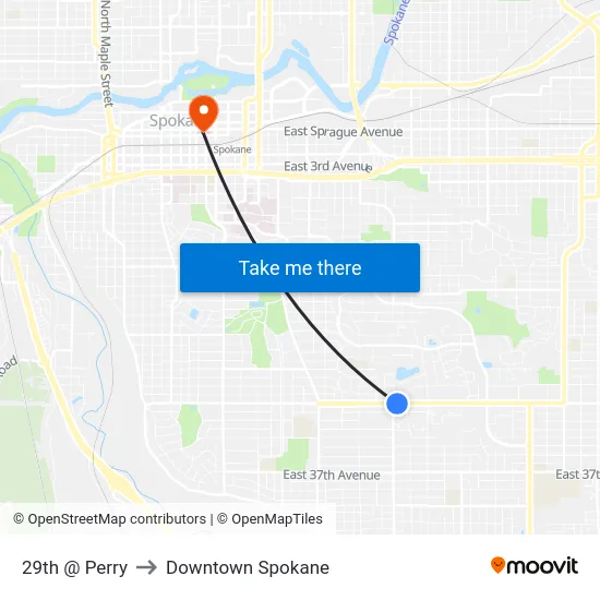 29th @ Perry to Downtown Spokane map