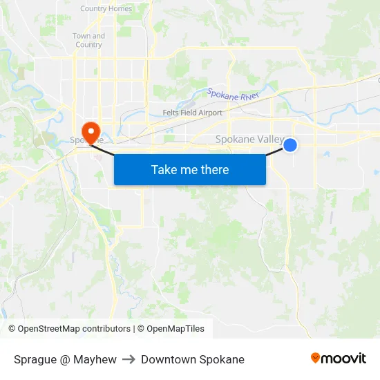 Sprague @ Mayhew to Downtown Spokane map