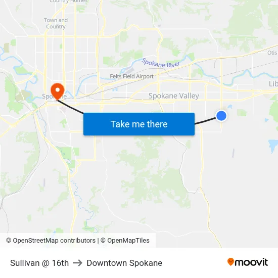 Sullivan @ 16th to Downtown Spokane map