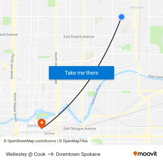 Wellesley @ Cook to Downtown Spokane map
