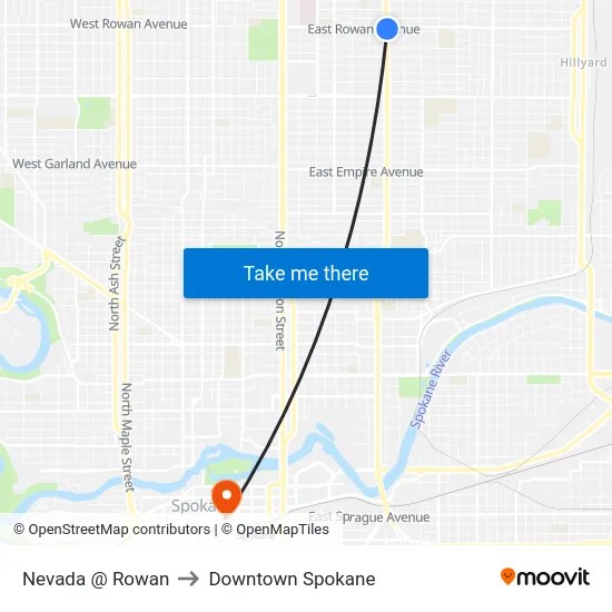 Nevada @ Rowan to Downtown Spokane map