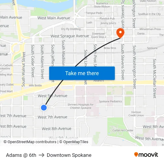 Adams @ 6th to Downtown Spokane map