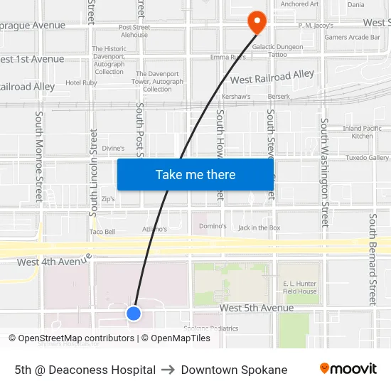 5th @ Deaconess Hospital to Downtown Spokane map