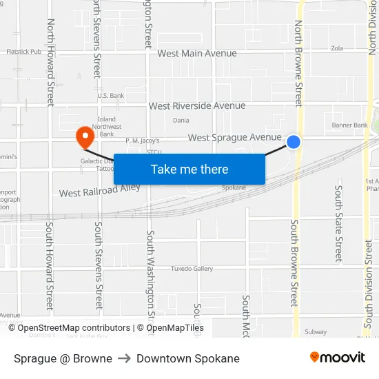 Sprague @ Browne to Downtown Spokane map