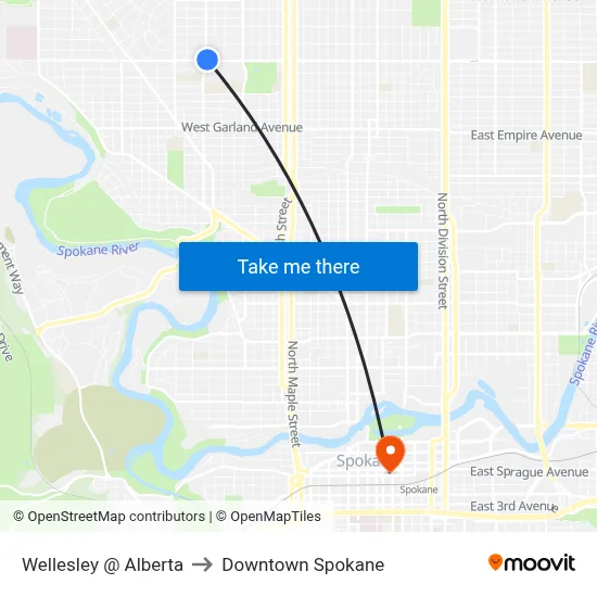 Wellesley @ Alberta to Downtown Spokane map