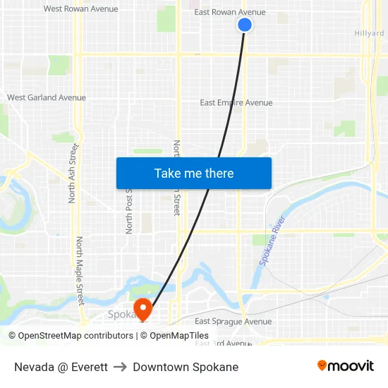 Nevada @ Everett to Downtown Spokane map