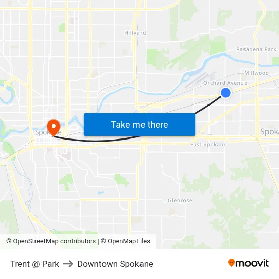 Trent @ Park to Downtown Spokane map