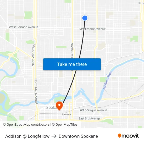 Addison @ Longfellow to Downtown Spokane map