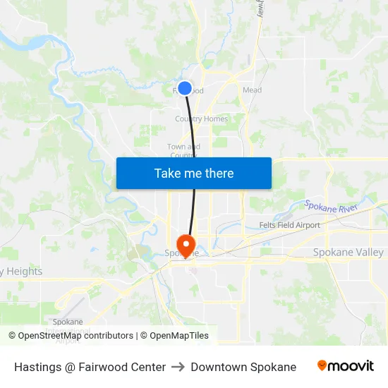 Hastings @ Fairwood Center to Downtown Spokane map