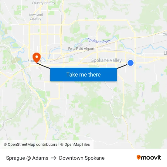 Sprague @ Adams to Downtown Spokane map