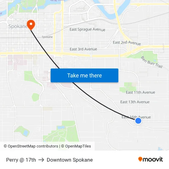 Perry @ 17th to Downtown Spokane map
