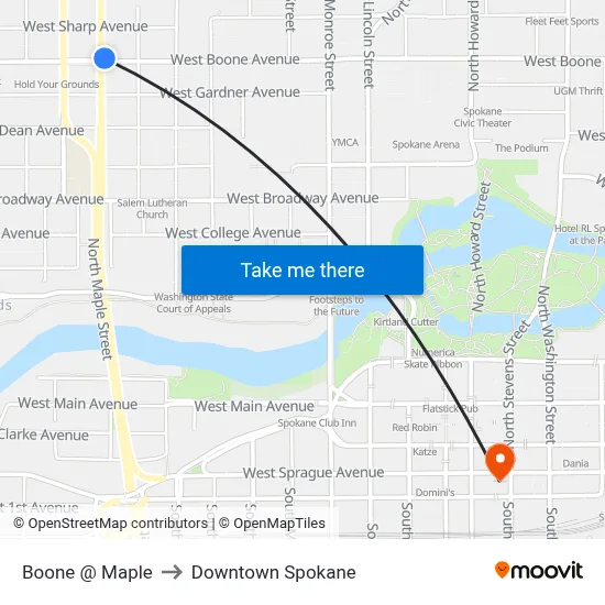 Boone @ Maple to Downtown Spokane map