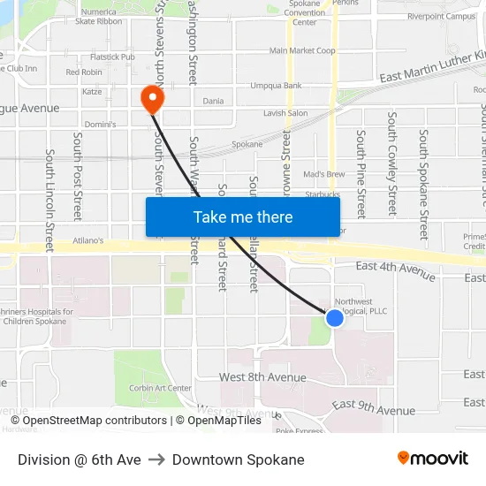 Division @ 6th Ave to Downtown Spokane map