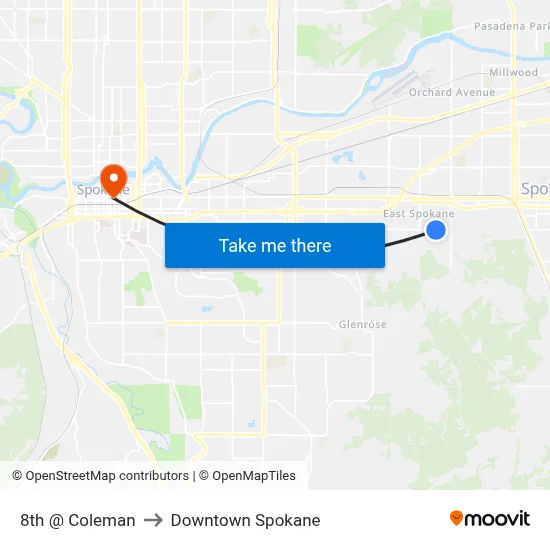 8th @ Coleman to Downtown Spokane map