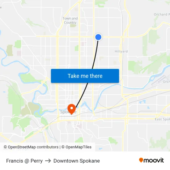 Francis @ Perry to Downtown Spokane map
