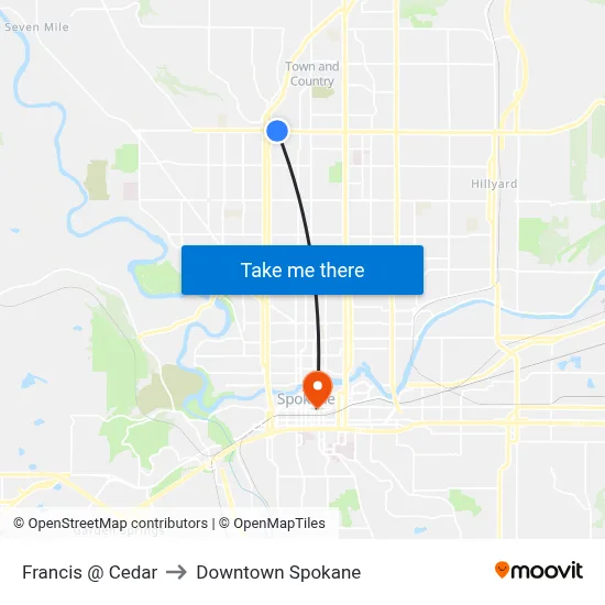 Francis @ Cedar to Downtown Spokane map