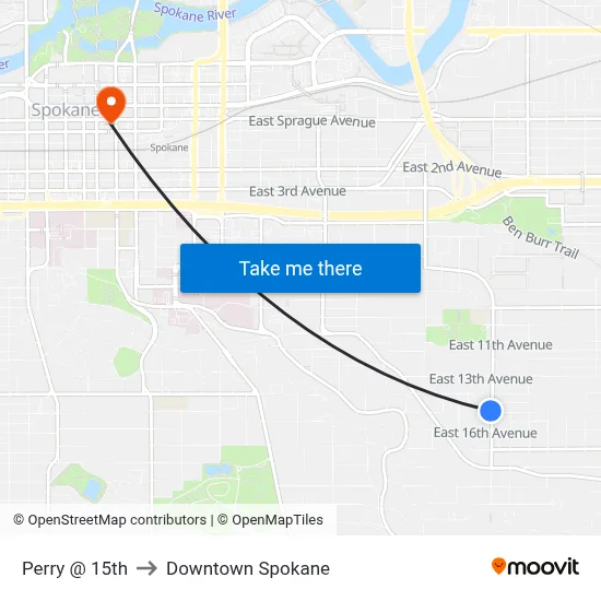 Perry @ 15th to Downtown Spokane map