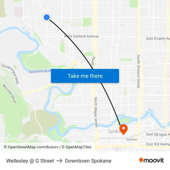 Wellesley @ G Street to Downtown Spokane map
