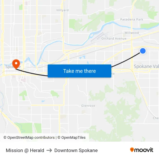 Mission @ Herald to Downtown Spokane map