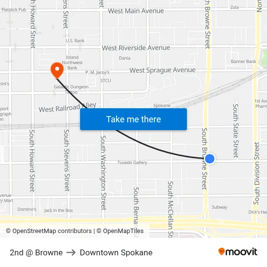 2nd @ Browne to Downtown Spokane map