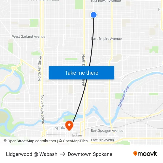 Lidgerwood @ Wabash to Downtown Spokane map