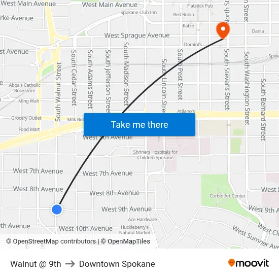 Walnut @ 9th to Downtown Spokane map