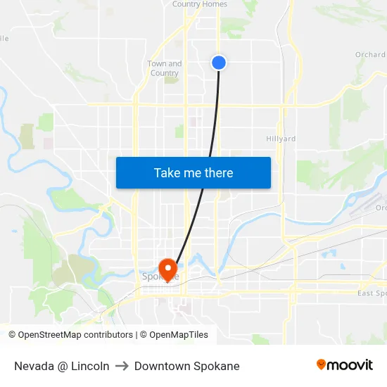 Nevada @ Lincoln to Downtown Spokane map
