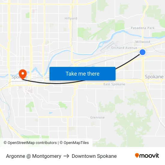Argonne @ Montgomery to Downtown Spokane map