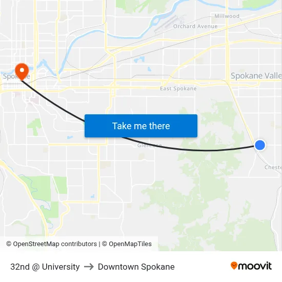 32nd @ University to Downtown Spokane map