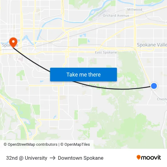 32nd @ University to Downtown Spokane map
