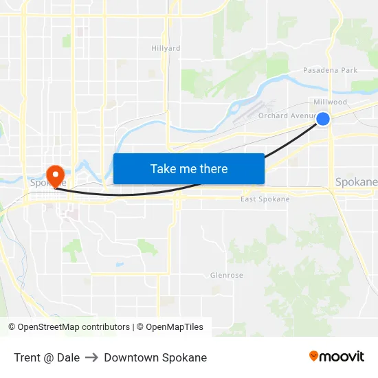 Trent @ Dale to Downtown Spokane map