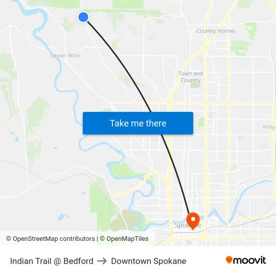 Indian Trail @ Bedford to Downtown Spokane map