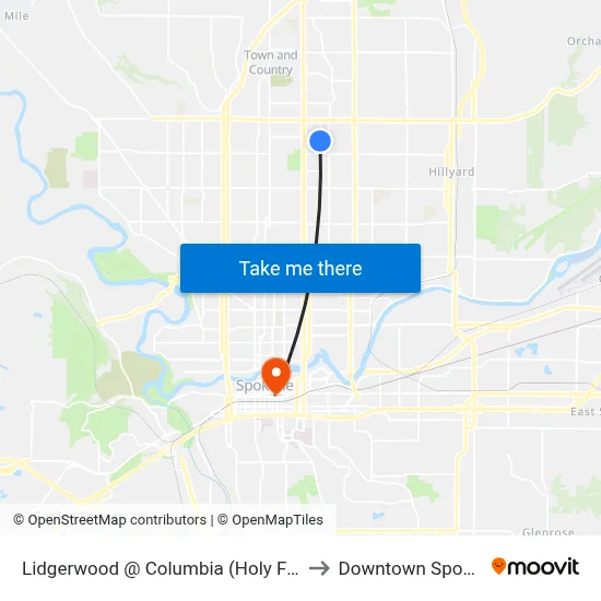 Lidgerwood @ Columbia (Holy Family) to Downtown Spokane map