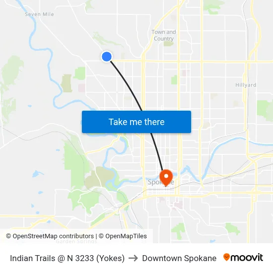Indian Trails @ N 3233 (Yokes) to Downtown Spokane map