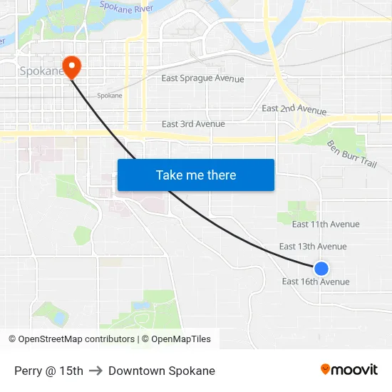 Perry @ 15th to Downtown Spokane map