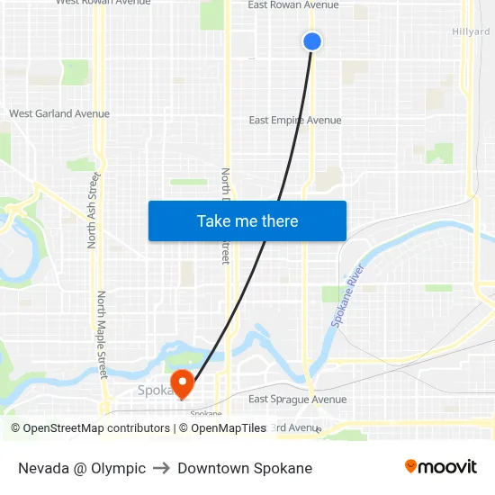 Nevada @ Olympic to Downtown Spokane map
