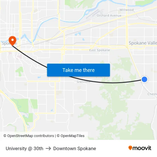 University @ 30th to Downtown Spokane map
