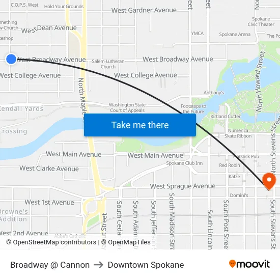 Broadway @ Cannon to Downtown Spokane map