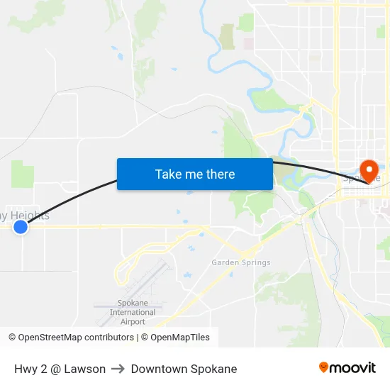Hwy 2 @ Lawson to Downtown Spokane map