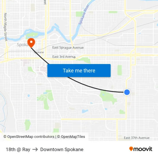 18th @ Ray to Downtown Spokane map